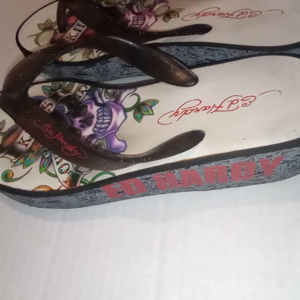 Ed Hardy Y2K Vintage SKULLS Love Kills Slow Wedge Flip Flops Size Approx. 6-6.5 - Picture 10 of 16